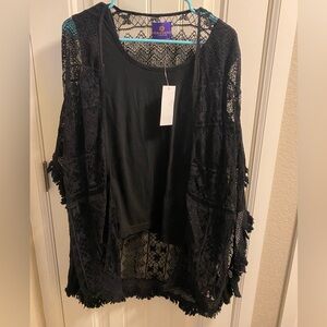 NWT Curations Caravan L Tank Lace Cardigan Set 2 Black Top Shirt Open Large Lg